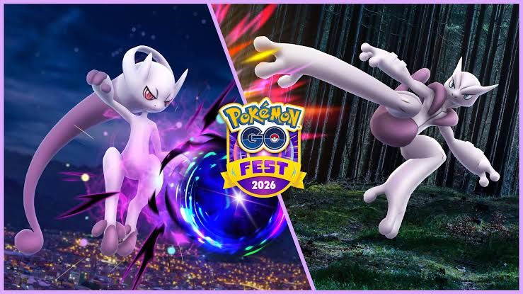 Mega Mewtwo Y character model from Pokemon Go displaying its psychic power in a raid environment.