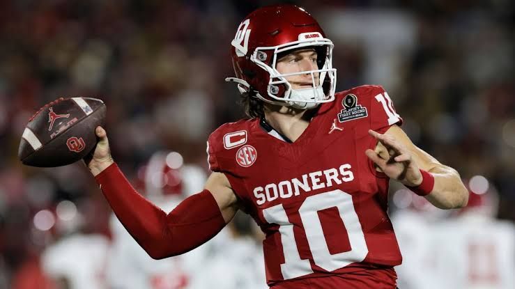 Oklahoma quarterback John Mateer preparing to throw a football during practice drills.