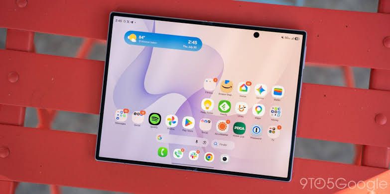Samsung Galaxy Z Fold 8 resting on a desk, highlighting the new wider screen dimensions and hardware design.