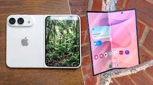 Close-up comparison of a folding smartphone prototype and a current flagship foldable screen.