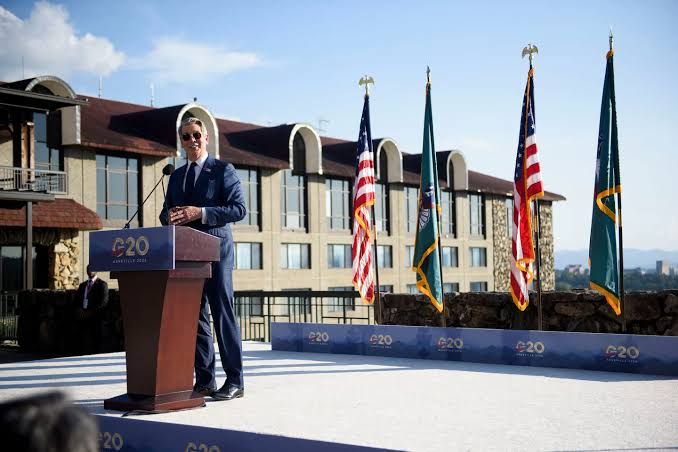 Treasury Secretary Scott Bessent speaking at a press conference at the G-20 summit in Asheville, North Carolina.