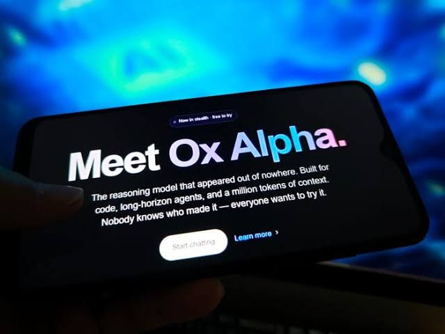 A person viewing the Ox Alpha webpage on a smartphone screen in Suqian, Jiangsu, China.