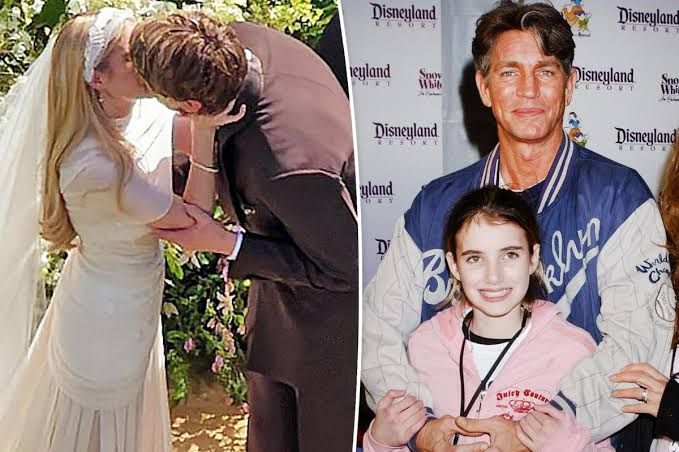 Eric Roberts standing with his daughter Emma and wife Eliza at a public event.