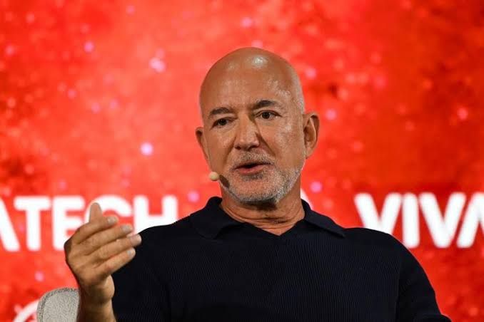 Jeff Bezos speaks at the Vivatech fair in Paris while discussing Amazon's global business initiatives.