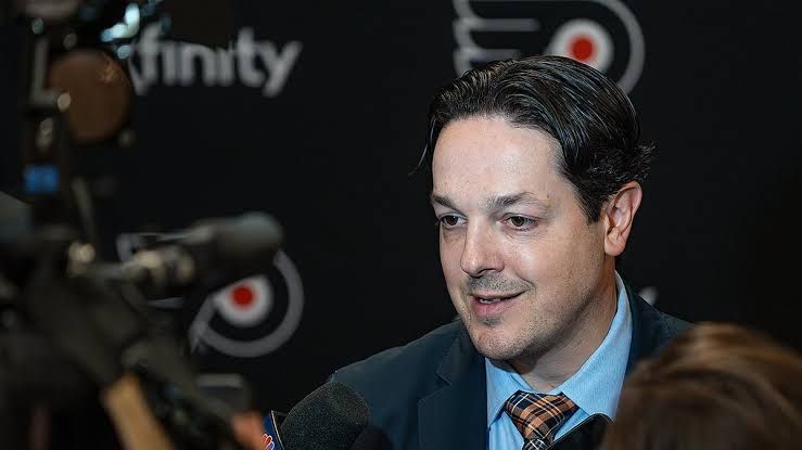 Flyers GM Danny Briere talks to the media during a scheduled press event regarding team roster strategy.