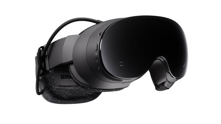 Steam Frame headset at a three-quarter angle showcasing the Valve logo on the side head strap.