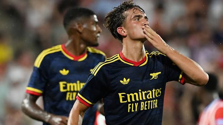 Max Dowman of Arsenal celebrates scoring his team's third goal during the pre-season friendly against Girona.