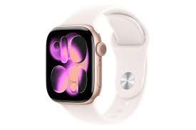 Rose gold Apple Watch Series 11 displaying activity metrics on a white background.