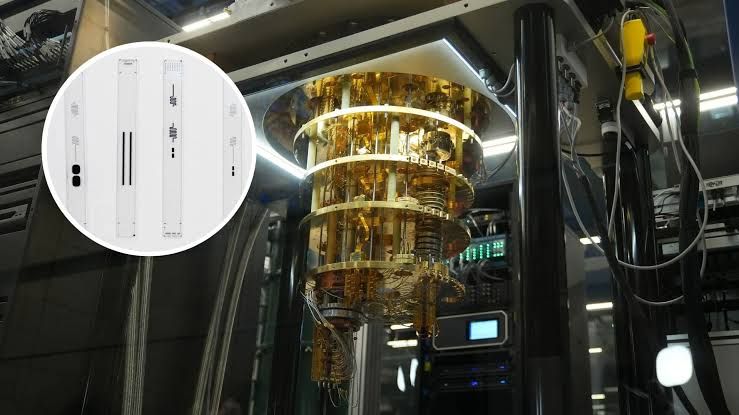 A stylized representation of quantum computer hardware components arranged in a laboratory setting.