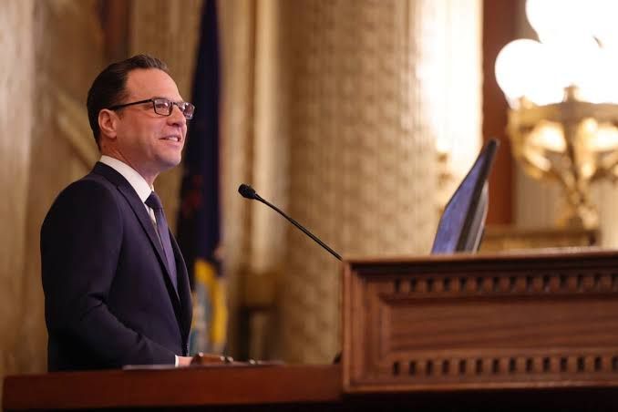 Governor Josh Shapiro speaks at a podium before the Pennsylvania General Assembly during the 2026 budget proposal.