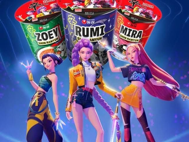 Nongshim ramen cups branded with KPop Demon Hunters character designs displayed on a shelf.