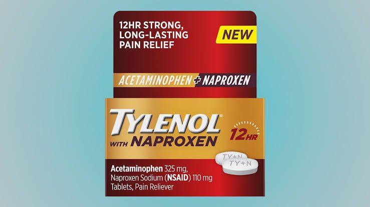 Tylenol with Naproxen medication packaging shown on a clean background.