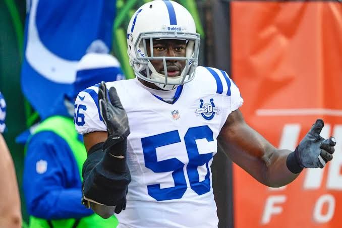 Daniel Adongo wearing a Colts jersey during an NFL practice session.