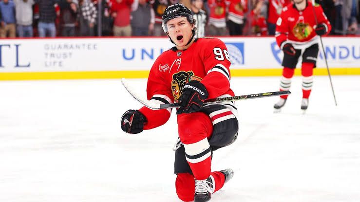 Chicago Blackhawks center Connor Bedard skating on the ice during a game.