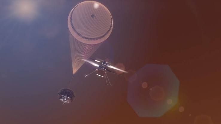An illustration showing a helicopter dropping a scientific payload onto the surface of Mars.