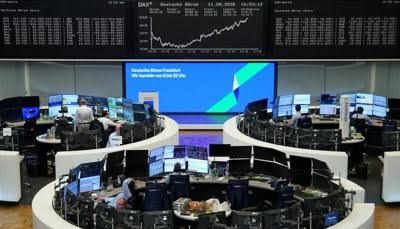 German share price index DAX graph displayed on a trading monitor at the Frankfurt stock exchange.
