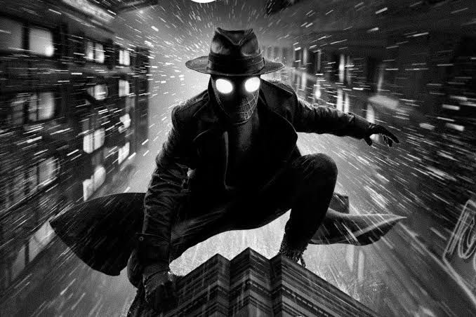 Nicolas Cage as Ben Reilly in a dark, stylized scene from the Spider-Noir television series.