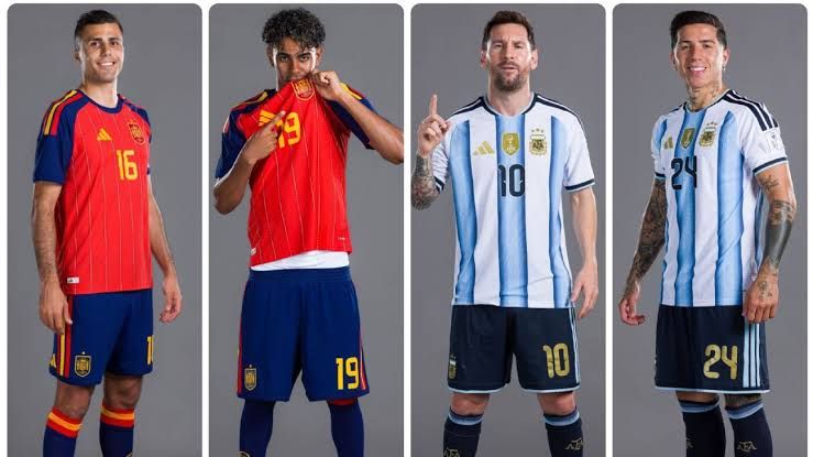 Argentina and Spain flags displayed at the FIFA 2026 World Cup final in New Jersey.