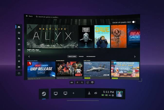 SteamVR dashboard interface displaying the new quick access menu with volume, battery, and brightness controls.