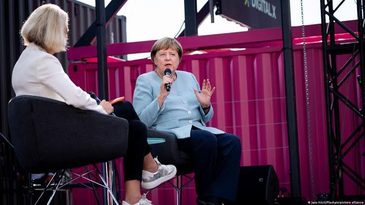 Angela Merkel speaking at a conference in Cologne regarding the recent state election results in Saxony-Anhalt.