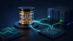 Hewlett Packard Enterprise logo and quantum computing hardware components shown in a technical infrastructure setting.