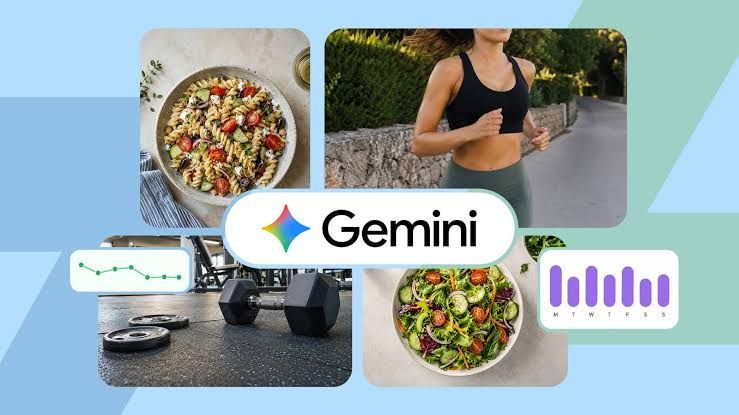 A user holds a smartphone displaying the Gemini AI interface showing nutritional data and a meal breakdown.