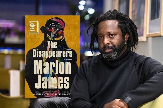 Marlon James stands beside the book cover of The Disappearers, which features a stark, compelling artistic design.