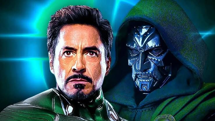 Doctor Doom wearing a green hood and metallic mask with silver and green text logo in the background.