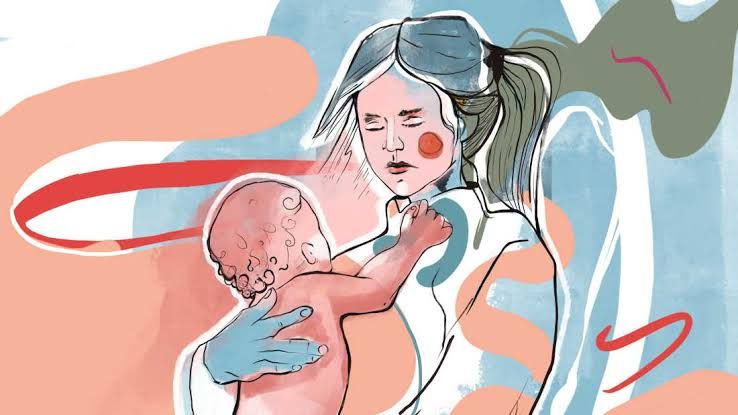 An artistic drawing of a mother embracing her baby with colorful, swirling backgrounds symbolizing mental health complexity.
