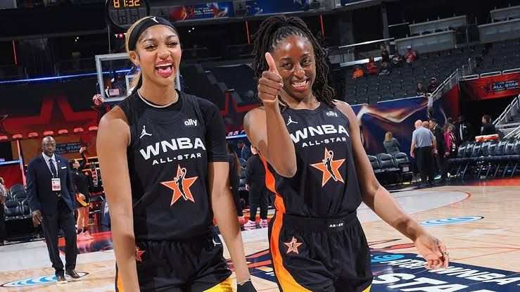 Angel Reese and Nneka Ogwumike at the WNBA All-Star Game in Indianapolis.
