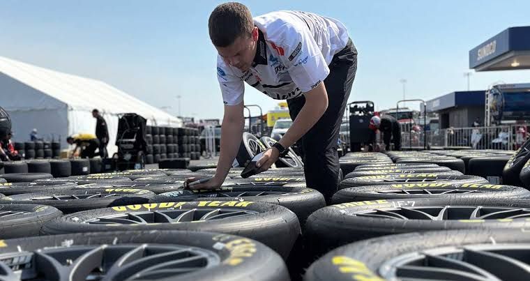 Close up of a Goodyear racing tire on a NASCAR vehicle during a test session at Indianapolis Motor Speedway.