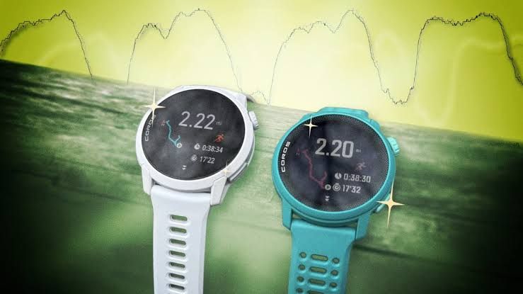 Close up of a Coros watch screen displaying a breadcrumb trail map during a running activity.