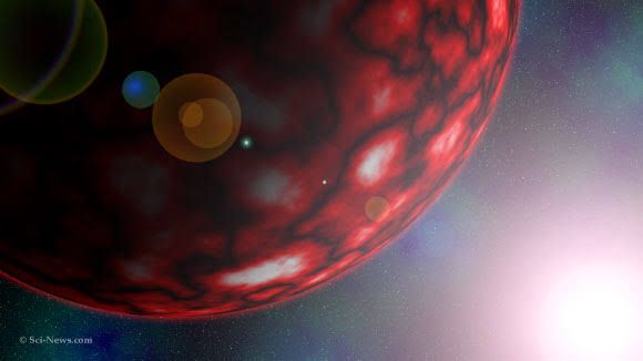 Artist impression of a dense, rocky exoplanet orbiting a bright star in deep space.