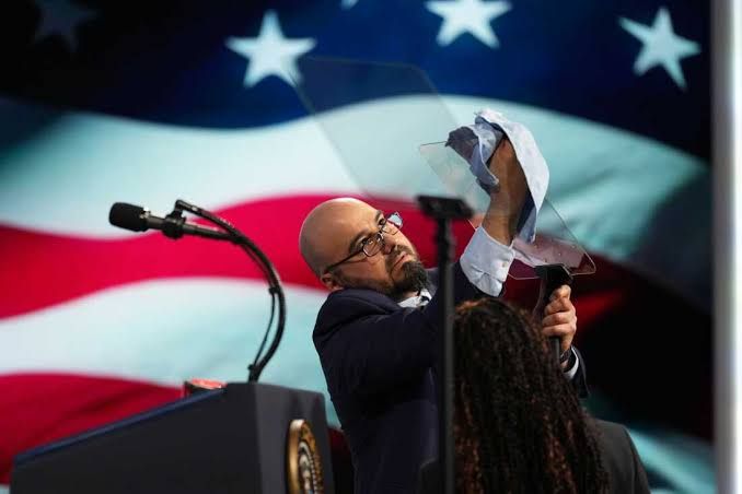 Then-candidate Donald Trump reading from a teleprompter during a campaign rally in Reno, Nevada.