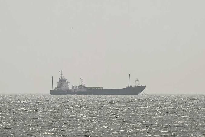 A commercial cargo ship anchored off the coast of the United Arab Emirates during the Strait of Hormuz maritime standoff.