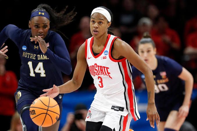Ohio State guard Kennedy Cambridge and Notre Dame guard KK Bransford compete during a basketball game in Columbus.