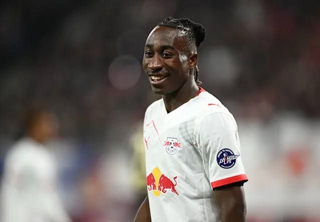 Yan Diomandé in his RB Leipzig kit during a match before his transfer to Real Madrid.