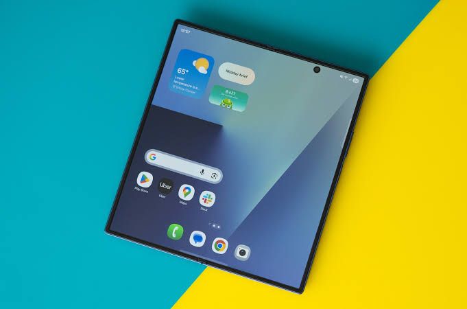 Samsung Galaxy Z Fold 7 folded on a desk showing the outer screen.