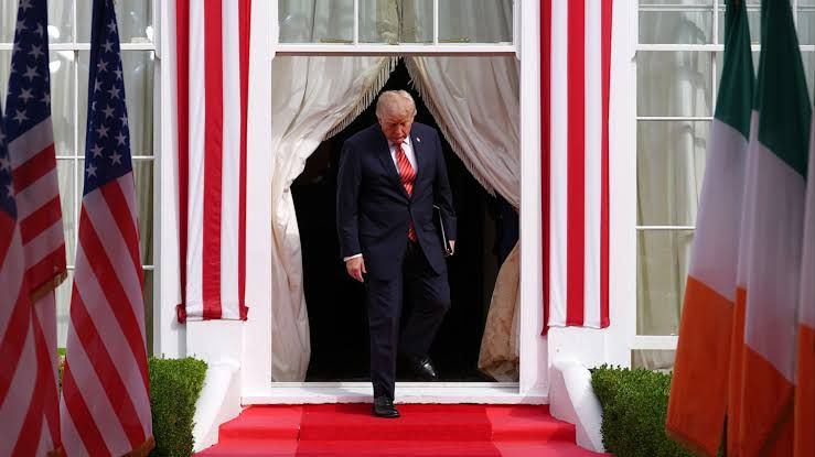 Donald Trump speaking at a public event about international affairs and foreign policy.
