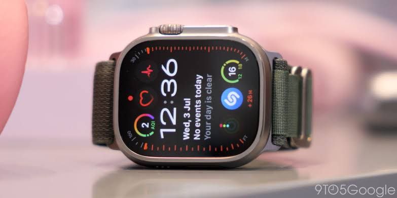 An Apple Watch Ultra on a wrist showcasing the rugged, sealed design of the high-end smartwatch.