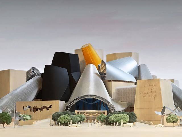 Architectural rendering of the Guggenheim Abu Dhabi designed by Frank Gehry, situated on the Saadiyat Island coastline.