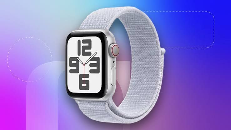 Silver Apple Watch SE 2 with a blue sport band displayed against a neutral background.