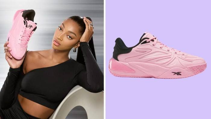 Angel Reese 1 basketball shoe in pink colorway with visible logo on the tongue.