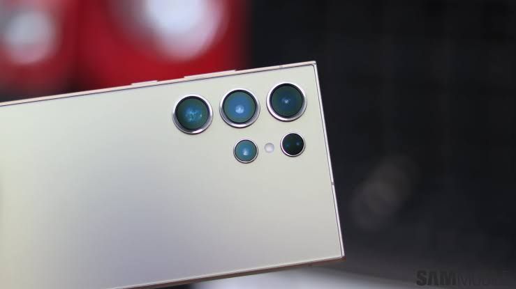 Samsung Galaxy S24 Ultra displayed in a studio setting, highlighting the rear camera arrangement.