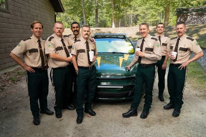 The Broken Lizard comedy troupe on the set of Super Troopers 3 during their press visit in Cleveland.
