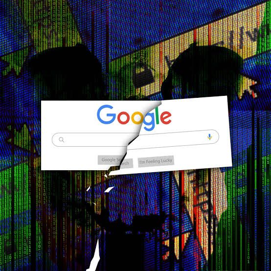 A stylized graphic showing a computer screen displaying AI-generated text over a blurred background of search results.