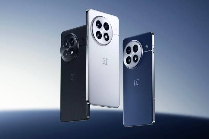 OnePlus smartphone on a neutral background next to a company logo during a corporate rebranding announcement.
