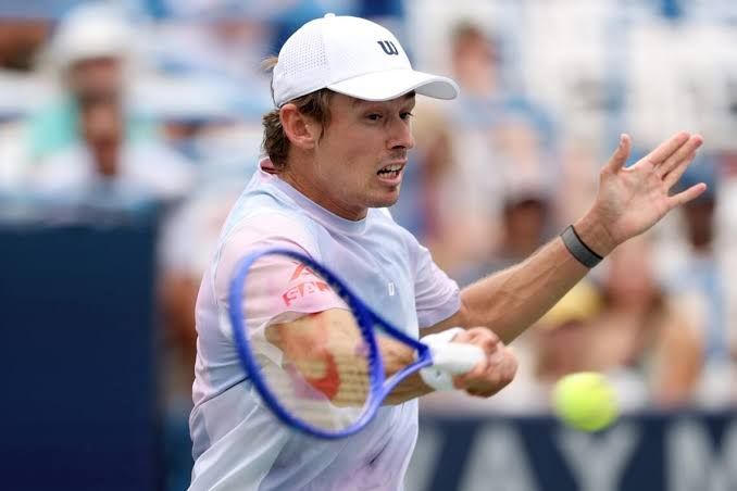 Alex de Minaur hits a forehand during his first-round match at the 2026 Washington Open.