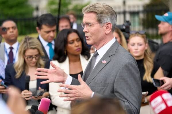 Treasury Secretary Scott Bessent speaking to reporters outside the White House regarding current bond market conditions.