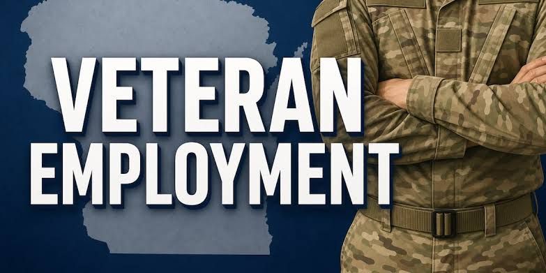 Governor Tony Evers with state officials discussing veteran employment services during a press conference.